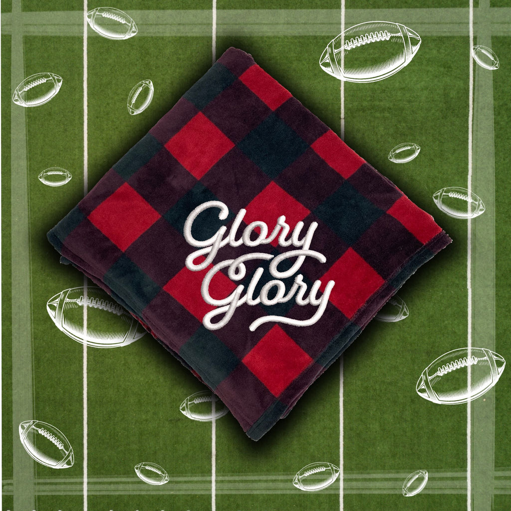 Glory Glory Red and Black Plaid Folded Blanket with football field background